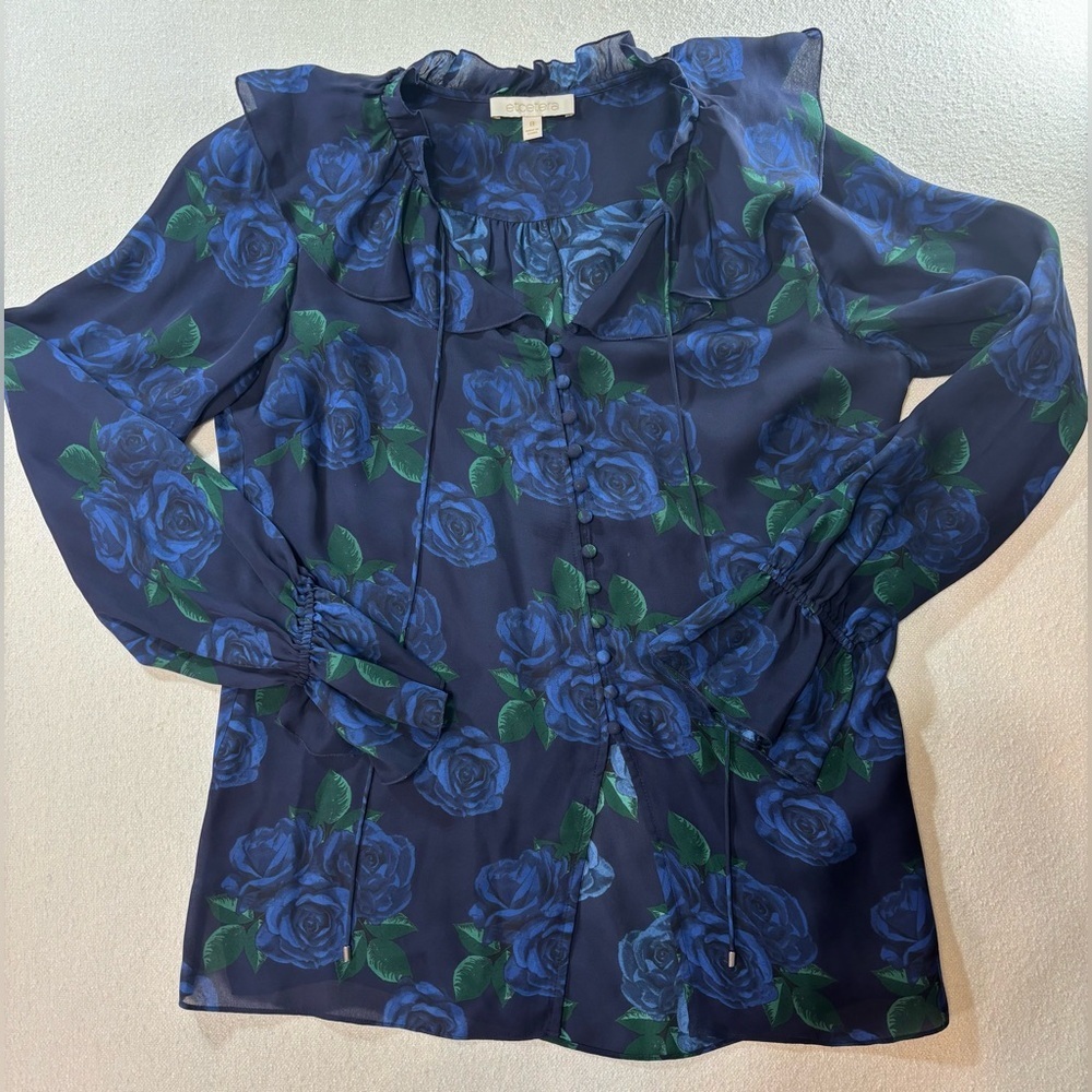 Etcetera 100% Silk Blue Floral Ruffle Blouse Romantic Sheer Button Top